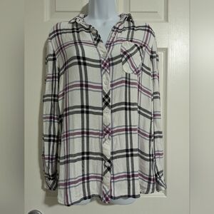 Beach Lunch Lounge XS long sleeve button up top White Gray Plaid